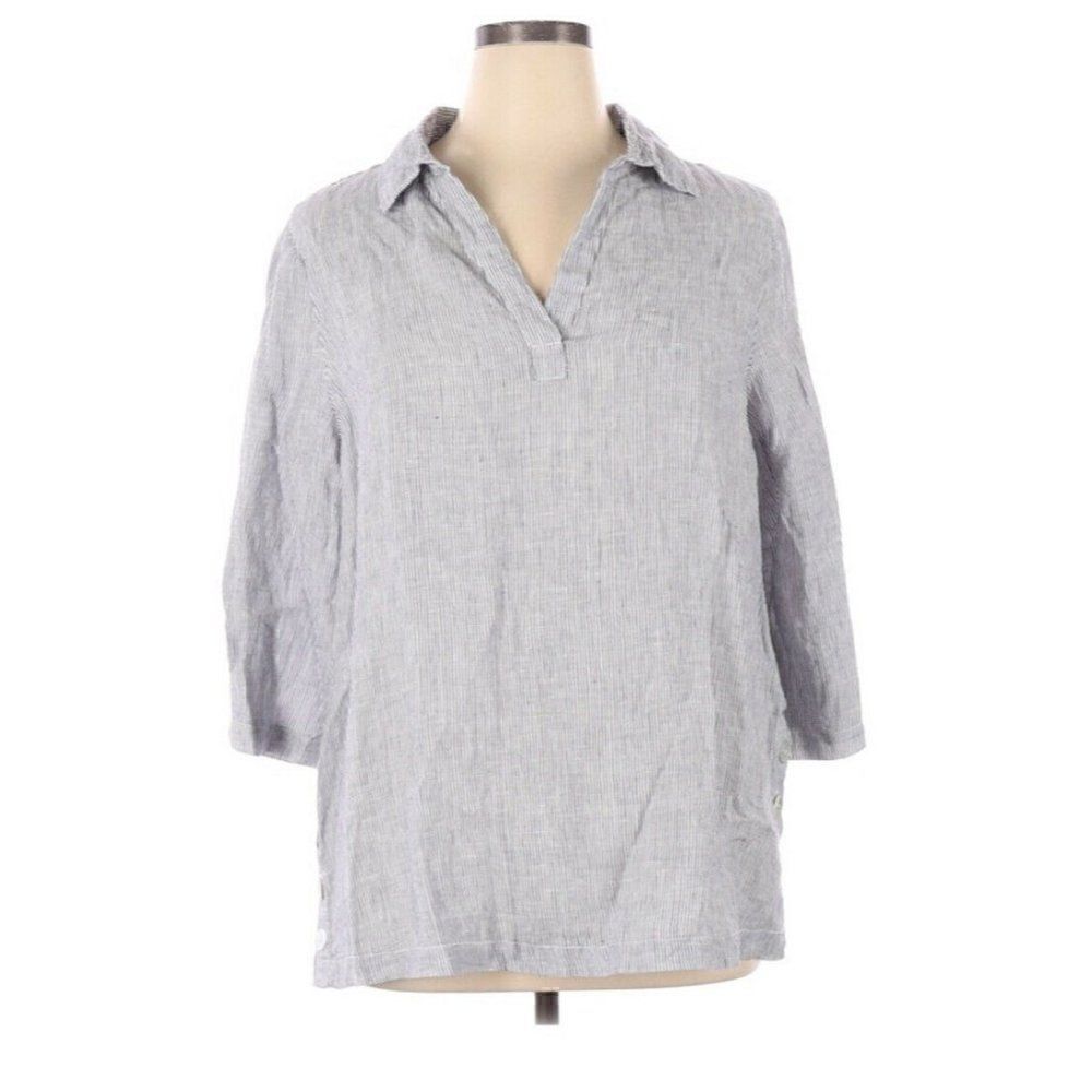 Tahari Sz 1X Gray Striped Linen Summer Women’s Blouse